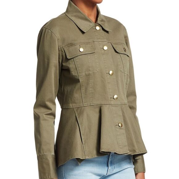 Frame Button Front Peplum Denim Jacket Army Green - Picture 2 of 9